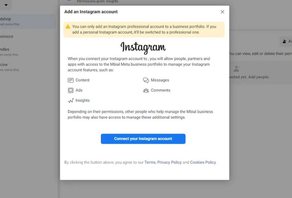 add instagram account to your business meta suite