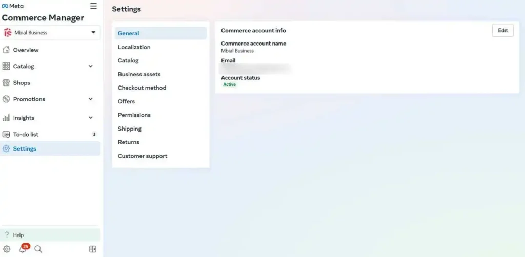 A screenshot of the Meta Commerce Manager "Settings" page. The "General" tab is selected in the left-hand navigation. The main panel displays the commerce account information, including the name "Mbial Business" and the account status, which is "Active."