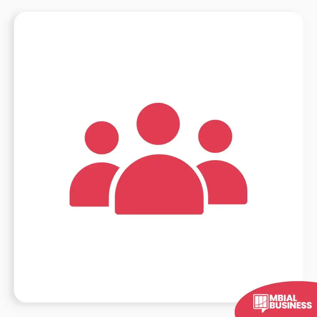 A red icon depicting three stylized figures, representing a group or team, suitable for a Facebook group icon. The central figure is slightly larger and positioned forward, with two other figures slightly behind and to its sides. All figures are solid red against a white background. A small red "MBIAL BUSINESS" logo is in the bottom right corner.