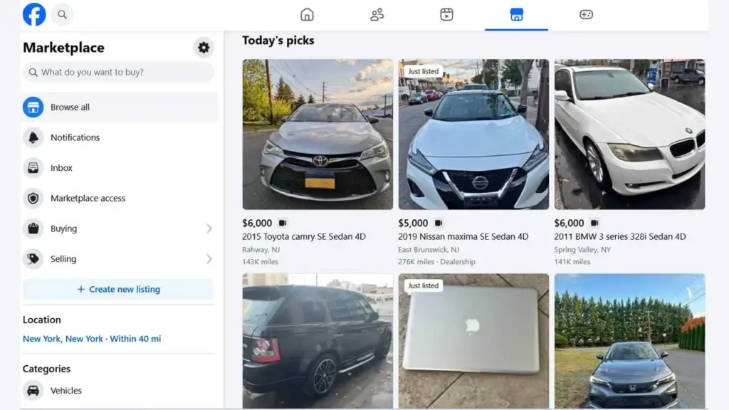 A screenshot of the facebook marketplace interface showing "Today's picks" for a user located near new york. The grid features several vehicle listings including a silver toyota camry, a white nissan maxima, a white bmw 3 series, and a gray honda civic, alongside a listing for a silver apple macbook laptop. The left sidebar displays navigation options such as notifications, inbox, and buying and selling categories, while the top navigation bar shows standard facebook icons for home, friends, and video.