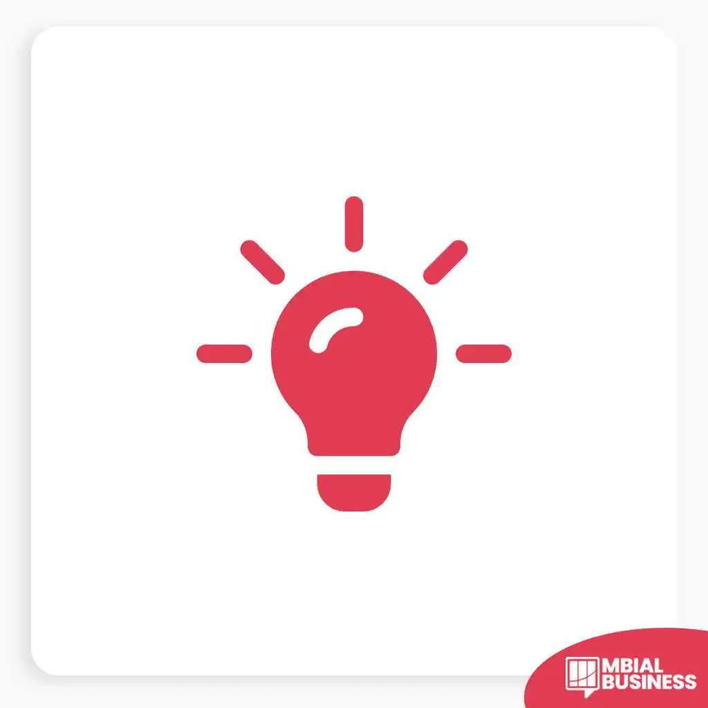 A red icon of a glowing lightbulb, with red rays emanating outwards from its top, symbolizing an idea, innovation, or solution. A small red "MBIAL BUSINESS" logo is in the bottom right corner.