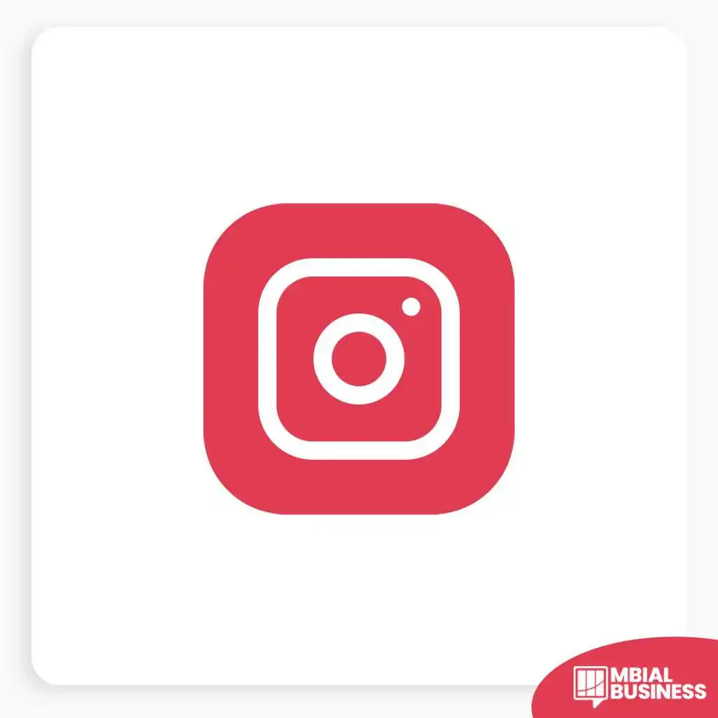 A red square icon with rounded corners, featuring a white outline of a camera, representing the Instagram logo. A small red "MBIAL BUSINESS" logo is in the bottom right corner.