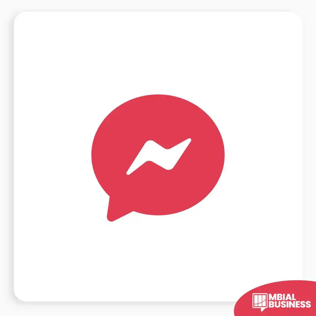 A red circular speech bubble icon with a white lightning bolt or zig-zag symbol inside, representing the Facebook Messenger app. A small red "MBIAL BUSINESS" logo is in the bottom right corner.