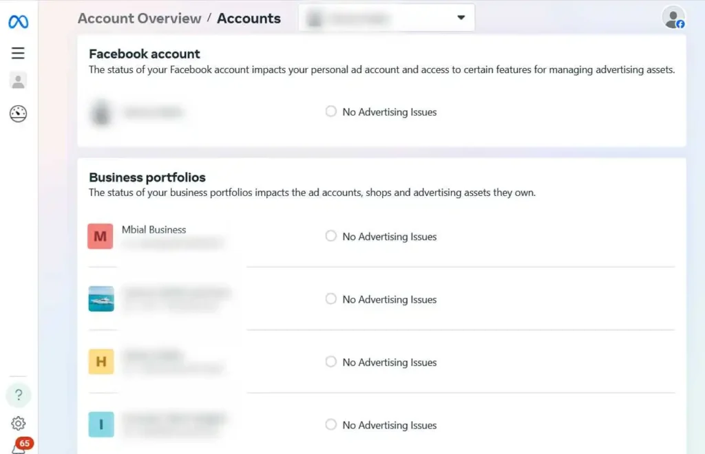 A screenshot of a Meta Business Suite account overview page. The page is in dark mode and shows two sections. The top section, "Facebook account," lists a blurred account name with the status "No Advertising Issues." The bottom section, "Business portfolios," lists several accounts, including "Mbial Business," all with the status "No Advertising Issues." The side panel shows various icons for account management.