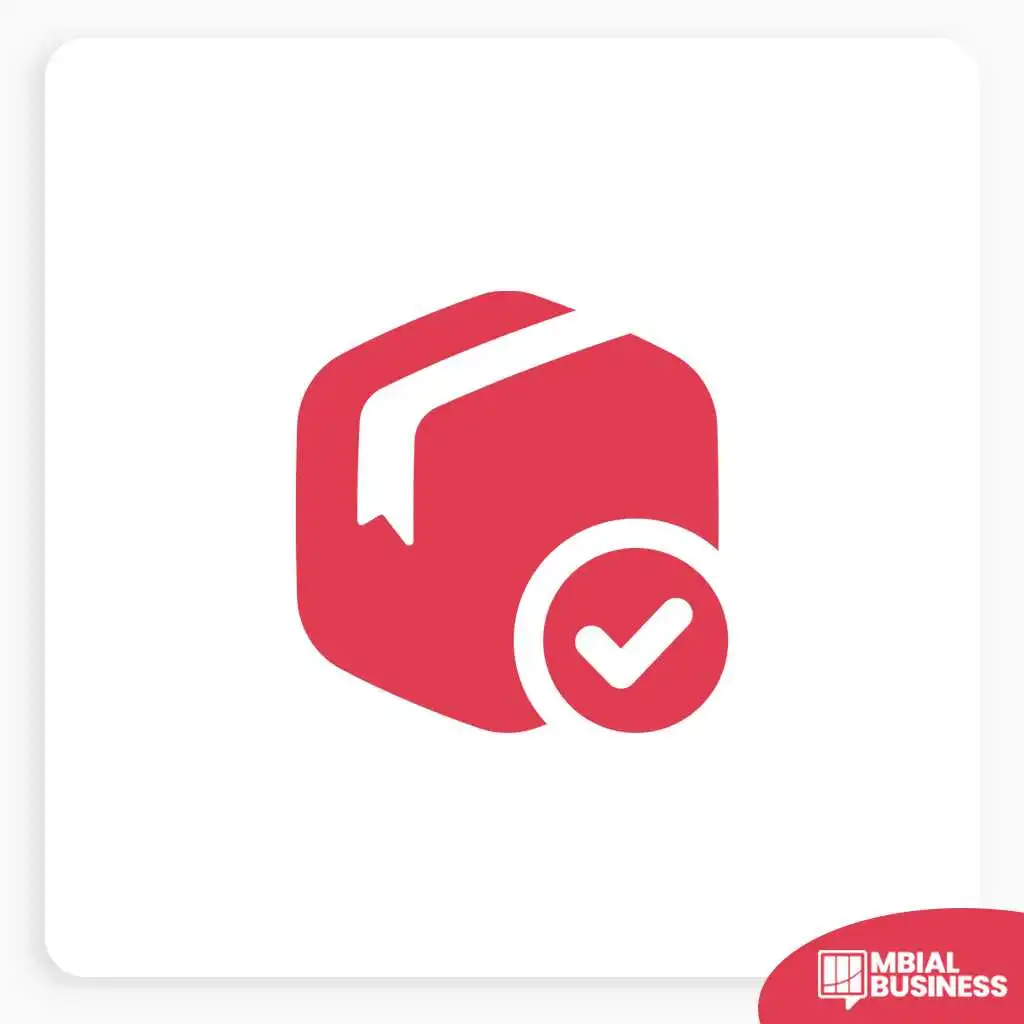 A red icon depicting a closed delivery box or package, with a red circular checkmark icon overlapping its bottom right corner, indicating successful delivery or confirmation. A small red "MBIAL BUSINESS" logo is in the bottom right corner.