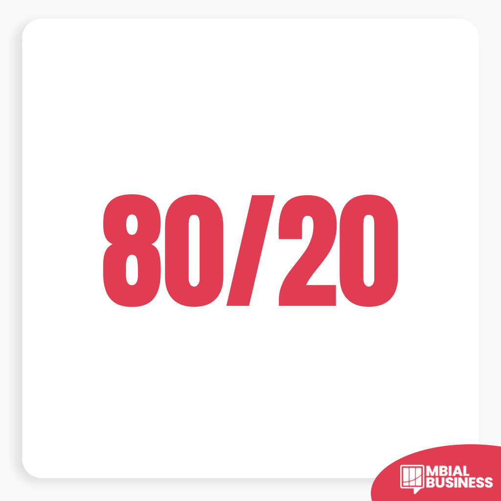 A white square image features the bold red numbers "80/20" in the center, representing the Pareto Principle. In the bottom right corner, a small red logo for "MBIAL BUSINESS" is present.