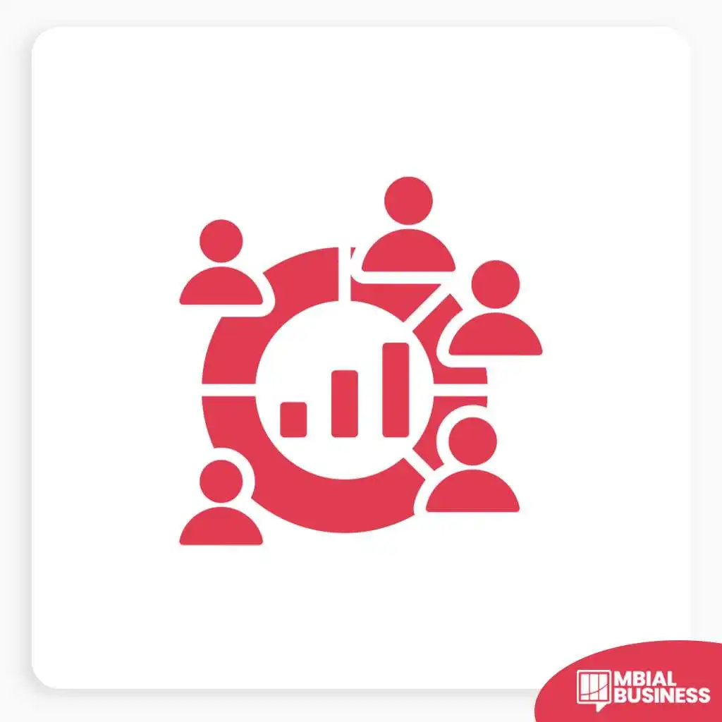 A red icon showing a circular chart or ring with several stylized human figures (heads and shoulders) arranged around its perimeter, representing a team or group. In the center of the ring, a bar graph with three bars of increasing height is visible, symbolizing performance, analytics, or growth. A small red "MBIAL BUSINESS" logo is in the bottom right corner.