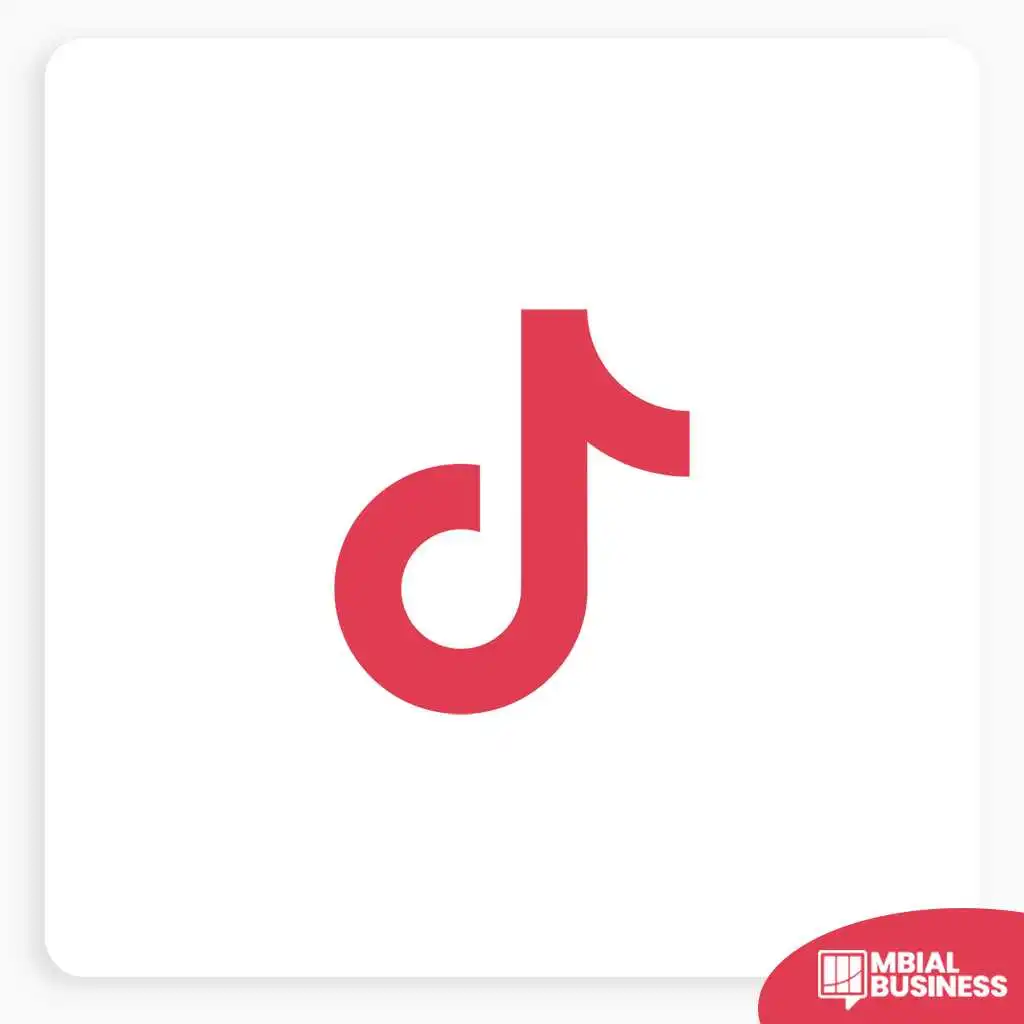 A red icon depicting the stylized musical note logo for TikTok, centered on a white background. A small red "MBIAL BUSINESS" logo is in the bottom right corner.