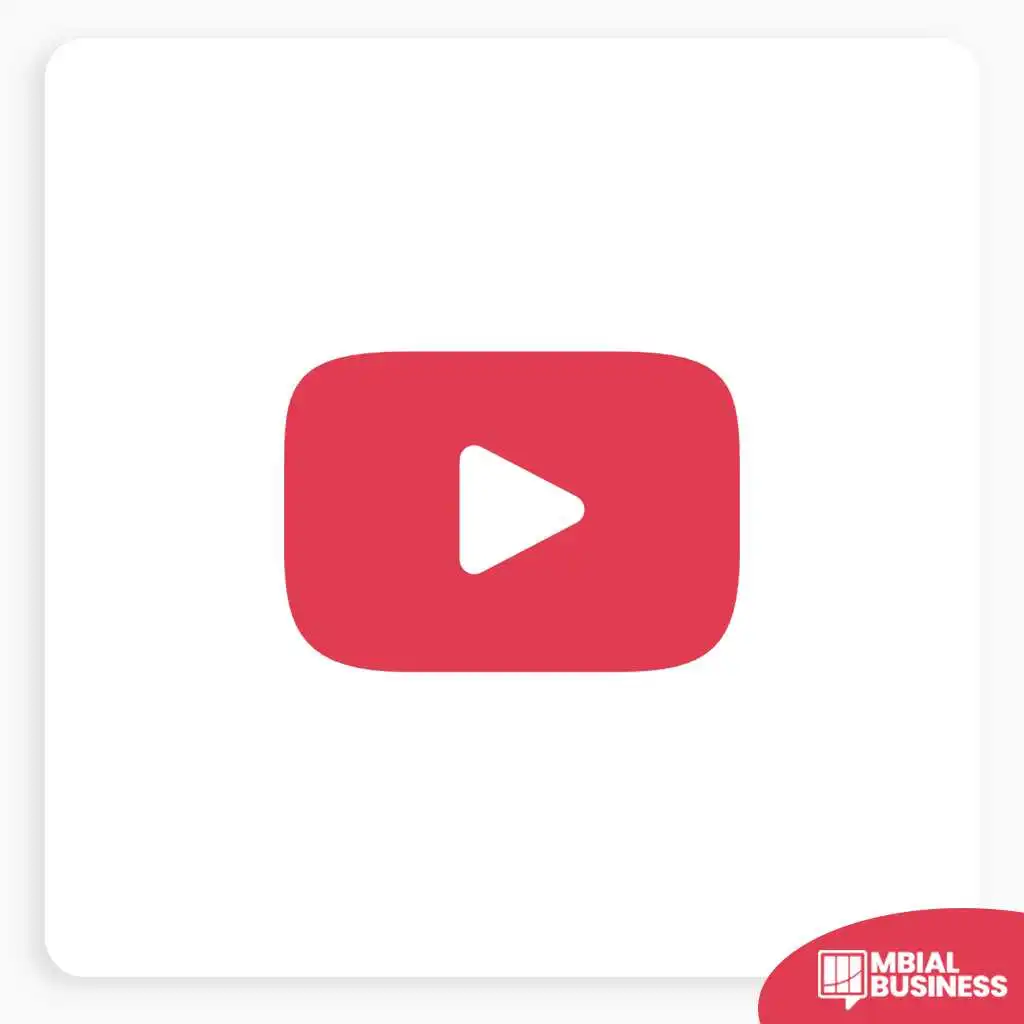 A red, rounded rectangular icon with a white play button triangle pointing right in the center, representing the YouTube logo. A small red "MBIAL BUSINESS" logo is in the bottom right corner.