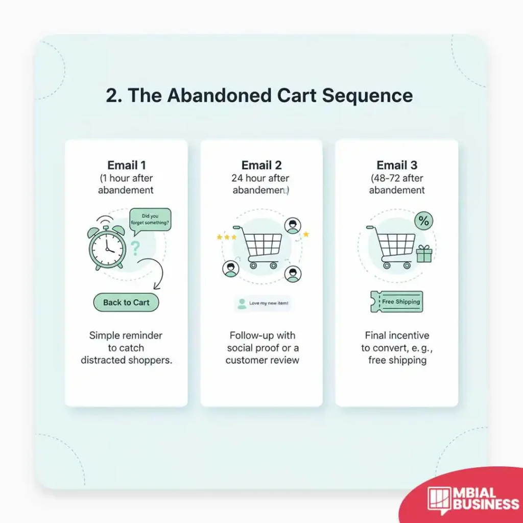 an infographic titled "2. the abandoned cart sequence," which shows a three-part email automation flow for shoppers who leave items in their cart. the first section is a light blue rectangle labeled "email 1 (1 hour after abandonment)." it shows a clock with a shopping cart and a question mark, and a speech bubble that says "did you forget something?" this represents a "simple reminder to catch distracted shoppers." an arrow points to the second section, a light green rectangle labeled "email 2 (24 hour after abandonment)." it shows a shopping cart surrounded by five stars and a heart icon, with a note that says "love my new item!", representing a "follow-up with social proof or a customer review." a second arrow points to the final section, a dark blue rectangle labeled "email 3 (48-72 after abandonment)." it shows a shopping cart with a percentage sign and a gift box, with a button that says "free shipping," representing a "final incentive to convert, e.g., free shipping."
