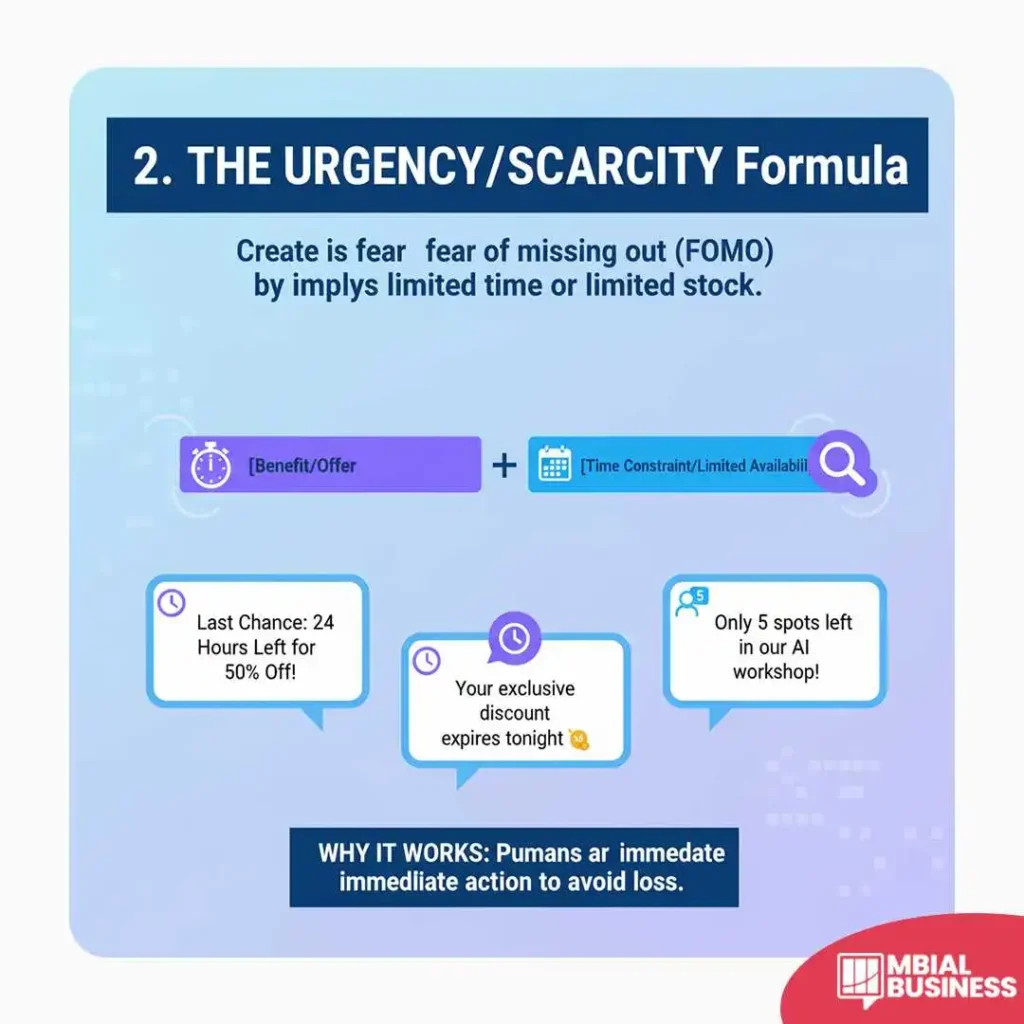 an infographic titled "2. the urgency/scarcity formula." it explains how to create the fear of missing out (fomo) by implying limited time or limited stock. the formula is illustrated as a combination of two elements: "[benefit/offer]" with a clock icon, and "[time constraint/limited availability]" with a calendar and magnifying glass icon. below this, three examples of subject lines are provided in speech bubbles: "last chance: 24 hours left for 50% off!", "your exclusive discount expires tonight", and "only 5 spots left in our ai workshop!". the bottom of the graphic states "why it works: humans act on immediate action to avoid loss," highlighting the psychological trigger.