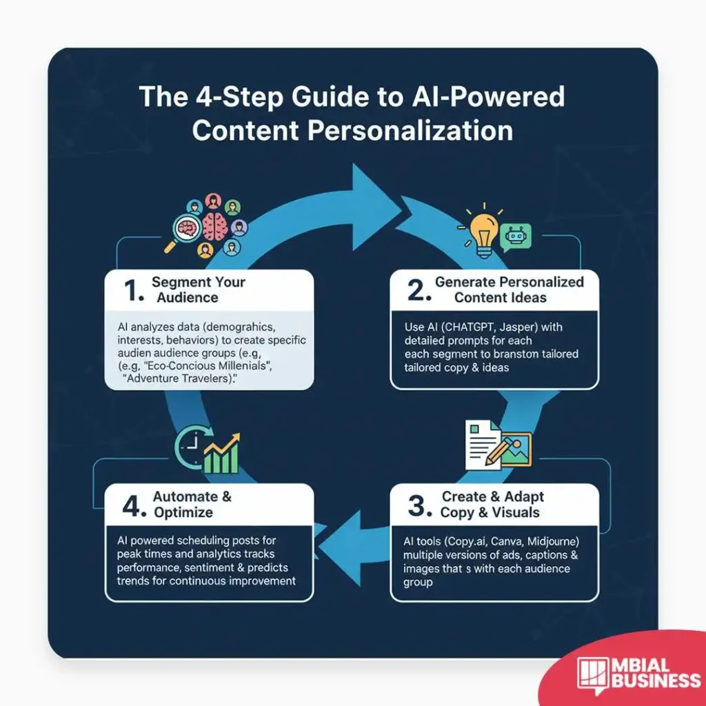 An infographic titled "The 4-Step Guide to AI-Powered Content Personalization." It displays a circular flow chart with four steps: "Segment Your Audience," "Generate Personalized Content Ideas," "Create & Adapt Copy & Visuals," and "Automate & Optimize." Each step has a corresponding icon and a description of its role in the process. A red "MBIAL BUSINESS" logo is in the bottom right corner.