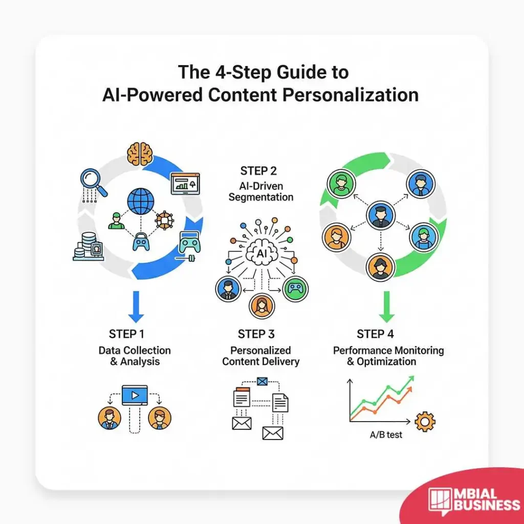 An infographic titled "The 4-Step Guide to AI-Powered Content Personalization." It displays a four-step linear flow chart. Step 1 is "Data Collection & Analysis" with icons of a magnifying glass and brain. Step 2 is "AI-Driven Segmentation" with a central AI chip icon connecting to different groups of people. Step 3 is "Personalized Content Delivery" with an icon of a person receiving content. Step 4 is "Performance Monitoring & Optimization" with a rising line graph and a gear. A red "MBIAL BUSINESS" logo is in the bottom right corner.