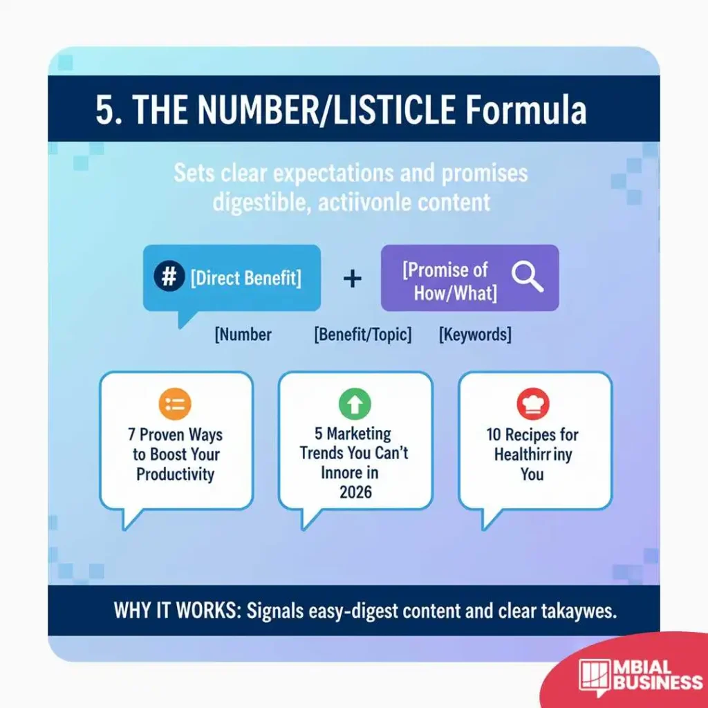 an infographic titled "5. the number/listicle formula." it explains that this formula sets clear expectations and promises digestible, actionable content by using a number. the formula is presented visually as a combination of two elements: "[direct benefit]" with a hashtag icon, and "[promise of how/what]" with a magnifying glass icon. the formula structure includes a combination of [number], [benefit/topic], and [keywords]. below the formula, three examples of subject lines are provided in speech bubbles: "7 proven ways to boost your productivity" (with a list icon), "5 marketing trends you can't ignore in 2026" (with an upward arrow icon), and "10 recipes for a healthier you" (with a chef's hat icon). the bottom of the graphic explains "why it works: signals easy-to-digest content and clear takeaways," highlighting the psychological benefit for the reader.
