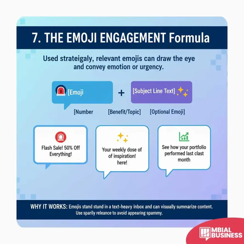 an infographic titled "7. the emoji engagement formula." it explains that strategically used, relevant emojis can draw the eye and convey emotion or urgency in an email subject line. the formula is presented visually as a combination of two elements: "[emoji]" in a blue bar with a red clock icon, and "[subject line text]" in a purple bar with two small yellow star icons. the formula components are listed as [number], [benefit/topic], and [optional emoji]. below the formula, three examples of subject lines are shown in speech bubbles: a flash sale notification with a red bell icon, "flash sale! 50% off everything!"; a weekly inspiration subject line with two star icons, "your weekly dose of inspiration! here!"; and a portfolio update with a green upward-trending graph icon, "see how your portfolio performed last month." the bottom of the graphic explains "why it works: emojis stand out in a text-heavy inbox and can visually summarize content. use sparingly to avoid appearing spammy."