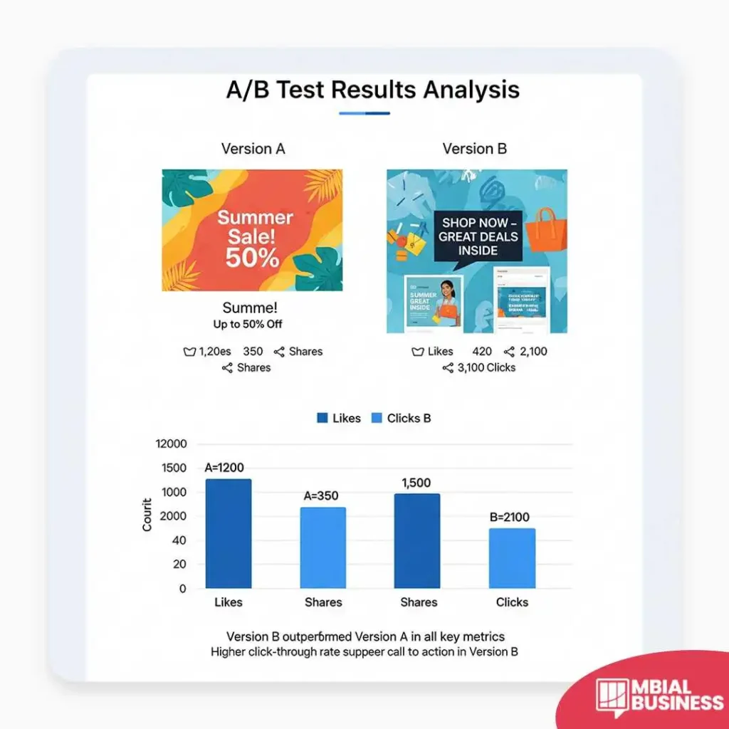An infographic detailing the analysis of A/B test results. It shows Version A and Version B of a marketing graphic with a "Summer Sale" theme. Below each version are their respective performance metrics: Version A has 1,200 likes, 350 shares, and 50 clicks; Version B has 420 likes, 2,100 shares, and 3,100 clicks. A bar chart below visually compares these metrics, with bars labeled "Likes," "Shares," and "Clicks" for both versions. Text at the bottom of the chart concludes that "Version B outperformed Version A in all key metrics" due to a "higher click-through rate."
