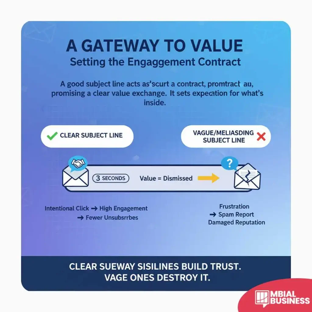 an infographic titled "a gateway to value" with the subtitle "setting the engagement contract." the image contrasts clear and vague subject lines on a blue and purple gradient background. a green checkmark sits next to "clear subject line," which leads to an open envelope with a checkmark and the text "3 seconds" and "intentional click," resulting in high engagement and fewer unsubscribes. a red "x" sits next to "vague/misleading subject line," which leads to an envelope with a question mark and the text "value = dismissed," resulting in frustration, spam reports, and a damaged reputation. the central message explains that "a good subject line acts as a contract, promising a clear value exchange. it sets expectations for what's inside." the bottom banner summarizes the key takeaway: "clear subject lines build trust. vague ones destroy it."