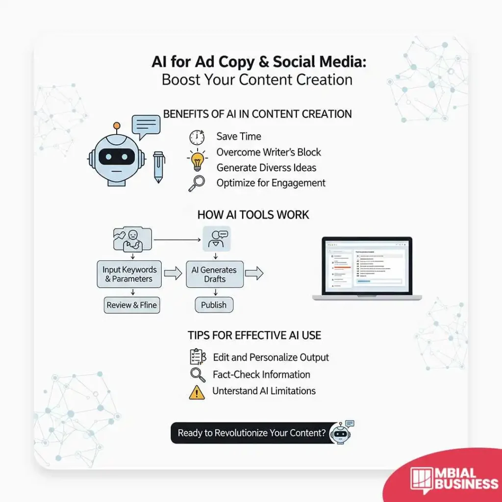 This infographic, presented on a light gray background subtly patterned with light blue geometric networks, is titled "AI for Ad Copy & Social Media: Boost Your Content Creation." It features a friendly light blue robot representing AI and outlines the "BENEFITS OF AI IN CONTENT CREATION," including saving time, overcoming writer's block, generating diverse ideas, and optimizing for engagement, each accompanied by a relevant icon. A "HOW AI TOOLS WORK" flowchart illustrates the process from inputting keywords to AI generating drafts, reviewing, refining, and publishing, with a laptop screen showing an example output. Finally, "TIPS FOR EFFECTIVE AI USE" advises users to edit and personalize output, fact-check information, and understand AI limitations. A concluding banner asks, "Ready to Revolutionize Your Content?" and the image includes an "MBIAL BUSINESS" logo in the bottom right corner.
