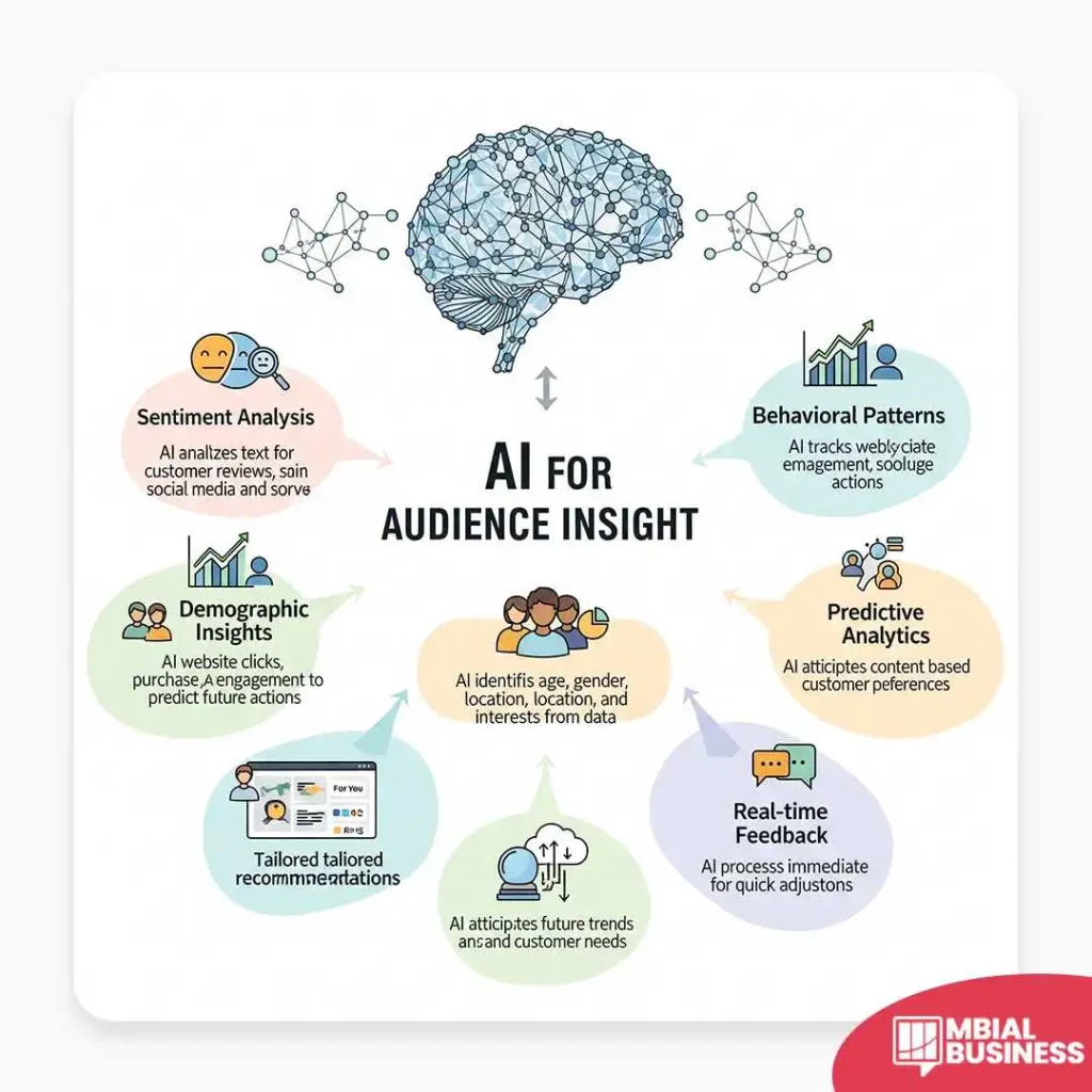 An infographic titled "AI FOR AUDIENCE INSIGHT," featuring a central brain icon. Six bubbles surround the brain, each with a different icon and title: "Sentiment Analysis," "Behavioral Patterns," "Demographic Insights," "Predictive Analytics," "Real-time Feedback," and "Tailored tailored recommendations." A red "MBIAL BUSINESS" logo is in the bottom right corner.