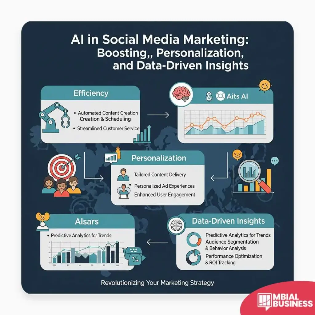 An infographic titled "AI in Social Media Marketing: Boosting, Personalization, and Data-Driven Insights." It is divided into three sections: "Efficiency," "Personalization," and "Data-Driven Insights." Each section has icons and text describing how AI can automate tasks, create tailored experiences, and provide predictive analytics for a marketing strategy. A red "MBIAL BUSINESS" logo is in the bottom right corner.
