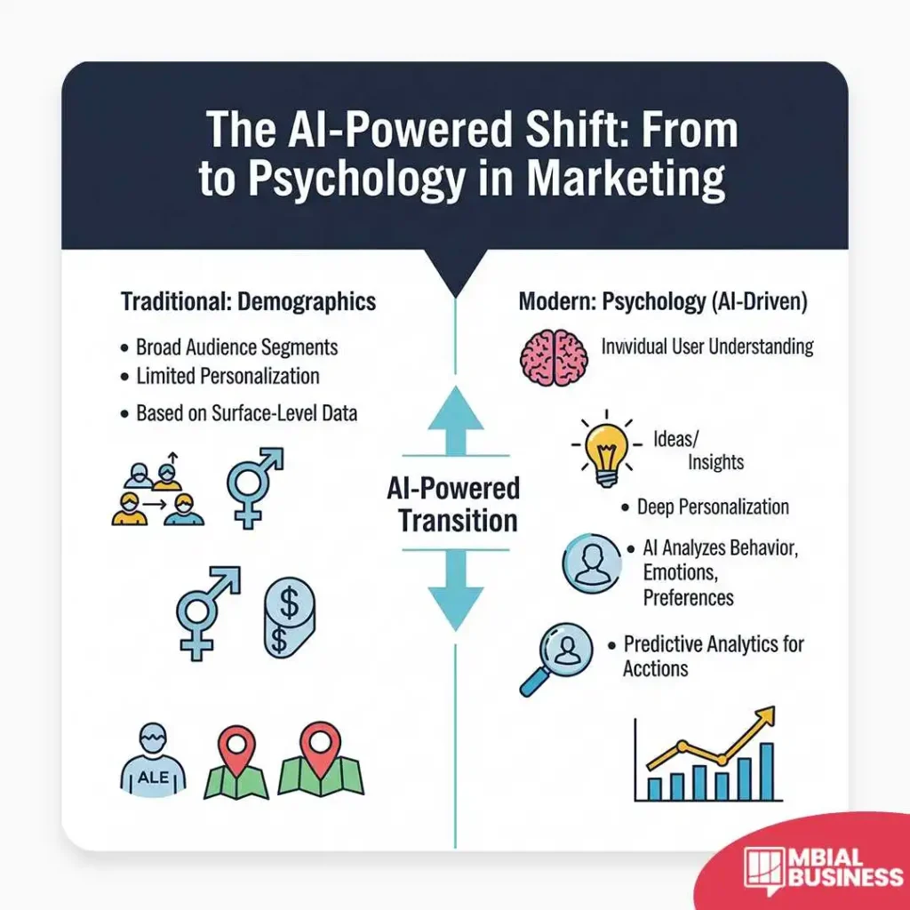 An infographic titled "The AI-Powered Shift: From Demographics to Psychology in Marketing." It compares a traditional, demographics-based approach on the left with a modern, AI-driven psychology approach on the right. The modern approach highlights individual user understanding, deep personalization, and predictive analytics. A red "MBIAL BUSINESS" logo is in the bottom right corner.