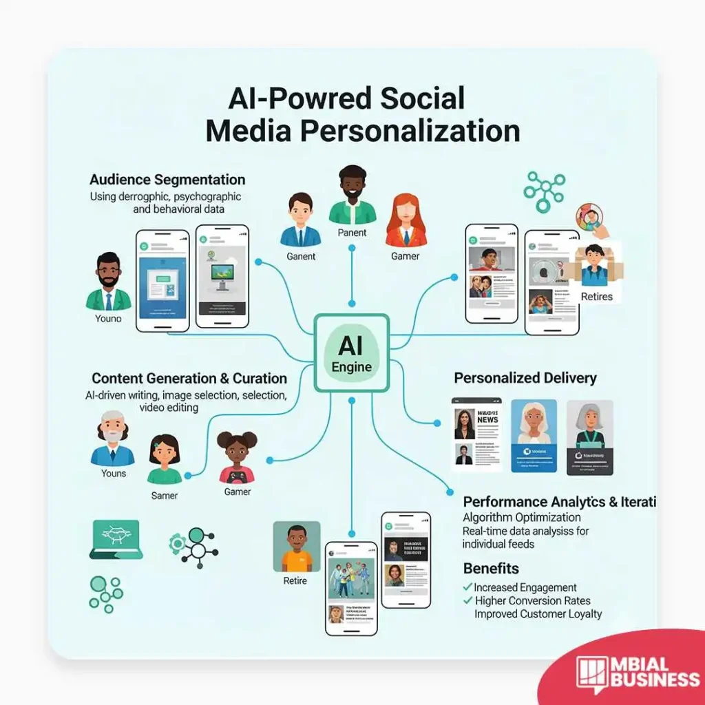 An infographic titled "AI-Powered Social Media Personalization." It features a central "AI Engine" icon connected to four sections: "Audience Segmentation" with various demographic icons, "Content Generation & Curation," "Personalized Delivery," and "Performance Analytics & Iteration" which lists benefits like increased engagement and higher conversion rates. A red "MBIAL BUSINESS" logo is in the bottom right corner.