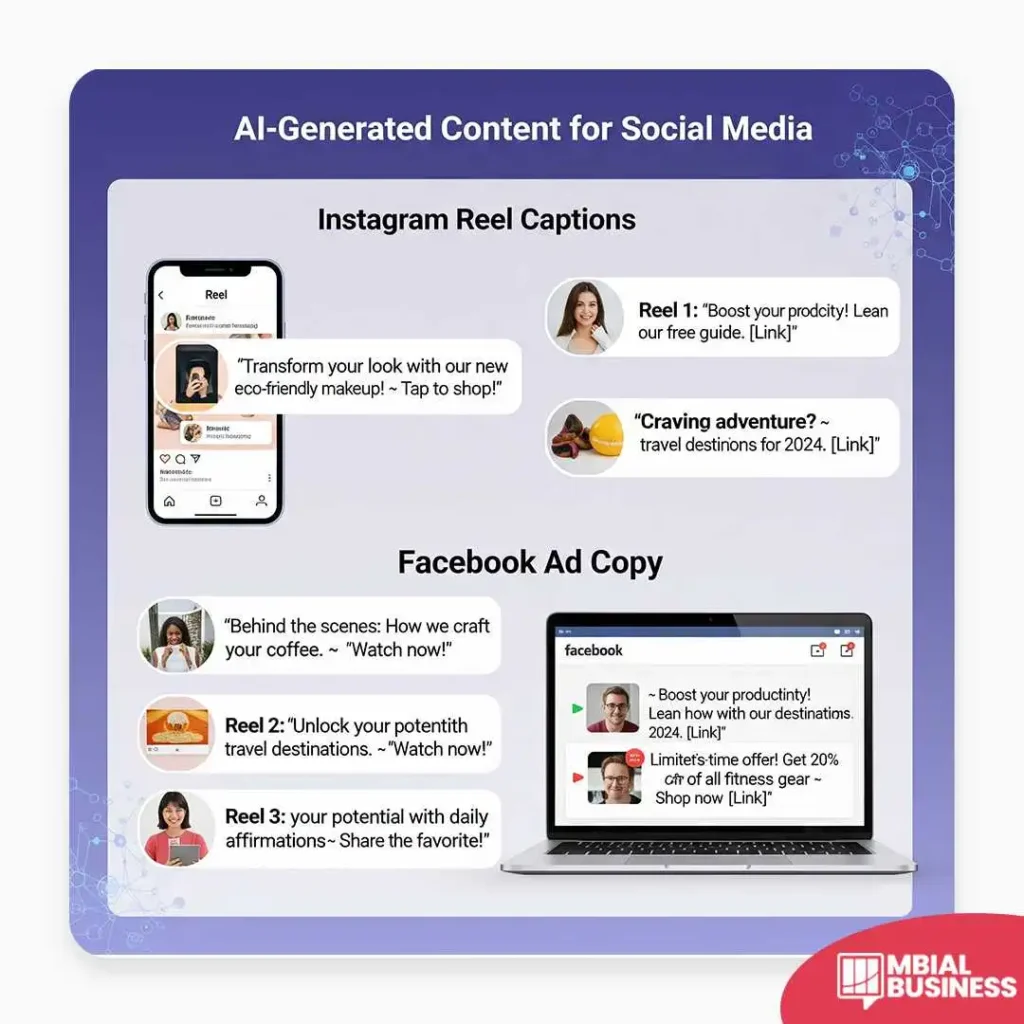 This infographic, titled "AI-Generated Content for Social Media," provides visual examples of how artificial intelligence can be used to create content for different platforms. The top section focuses on "Instagram Reel Captions" and features a mobile phone screen displaying a Reel. Next to it, three examples of AI-generated captions are shown, including one for eco-friendly makeup that says, "Transform your look with our new eco-friendly makeup! ~ Tap to shop!," another for a productivity guide, and a third for travel destinations. The bottom section, titled "Facebook Ad Copy," features a laptop screen showing a sample Facebook ad. This section also includes examples of AI-written ad copy for a variety of topics, such as a "behind the scenes" look at coffee crafting, a travel destination ad, and a promotional ad for fitness gear. The overall design has a light background with a subtle network pattern and includes the "MBIAL BUSINESS" logo in the bottom right corner.