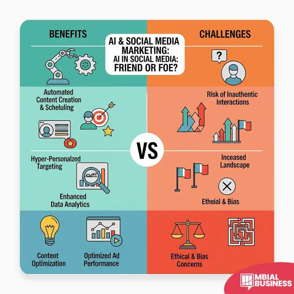 An infographic titled "AI & Social Media Marketing: AI in Social Media: Friend or Foe?" It is divided into two sections. The left side, "BENEFITS," lists automated content creation, hyper-personalized targeting, and optimized ad performance. The right side, "CHALLENGES," lists the risk of inauthentic interactions, increased landscape, and ethical and bias concerns. A large "VS" is in the center, and a red "MBIAL BUSINESS" logo is in the bottom right corner.