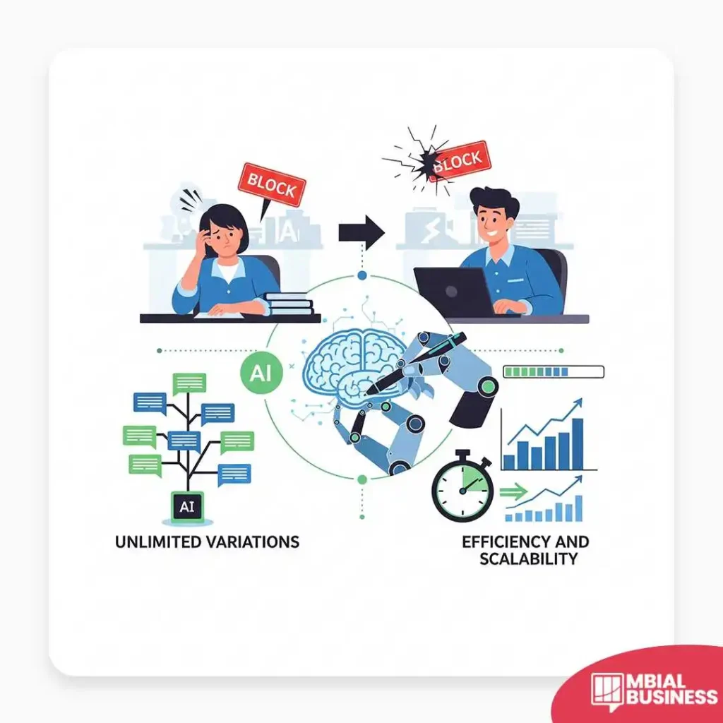 This infographic illustrates the solution that AI provides for content creators struggling with writer's block. The top section shows a before-and-after comparison. On the left, a frustrated woman with her head in her hands has a red "BLOCK" sign above her head, symbolizing a creative block. On the right, a smiling man is actively typing on a laptop, with a shattered "BLOCK" sign above him, showing that the block has been overcome. Below this, a central illustration features a human brain connected to a robotic arm that is writing. Extending from the robotic arm and brain are two key benefits. To the left, a series of connected chat bubbles labeled "AI" and "UNLIMITED VARIATIONS" demonstrates how AI can rapidly generate a wide array of content ideas. To the right, a clock and a bar graph labeled "EFFICIENCY AND SCALABILITY" represent the time-saving and productive power of using AI tools. The entire graphic is presented on a clean, light background with the "MBIAL BUSINESS" logo in the bottom right corner.