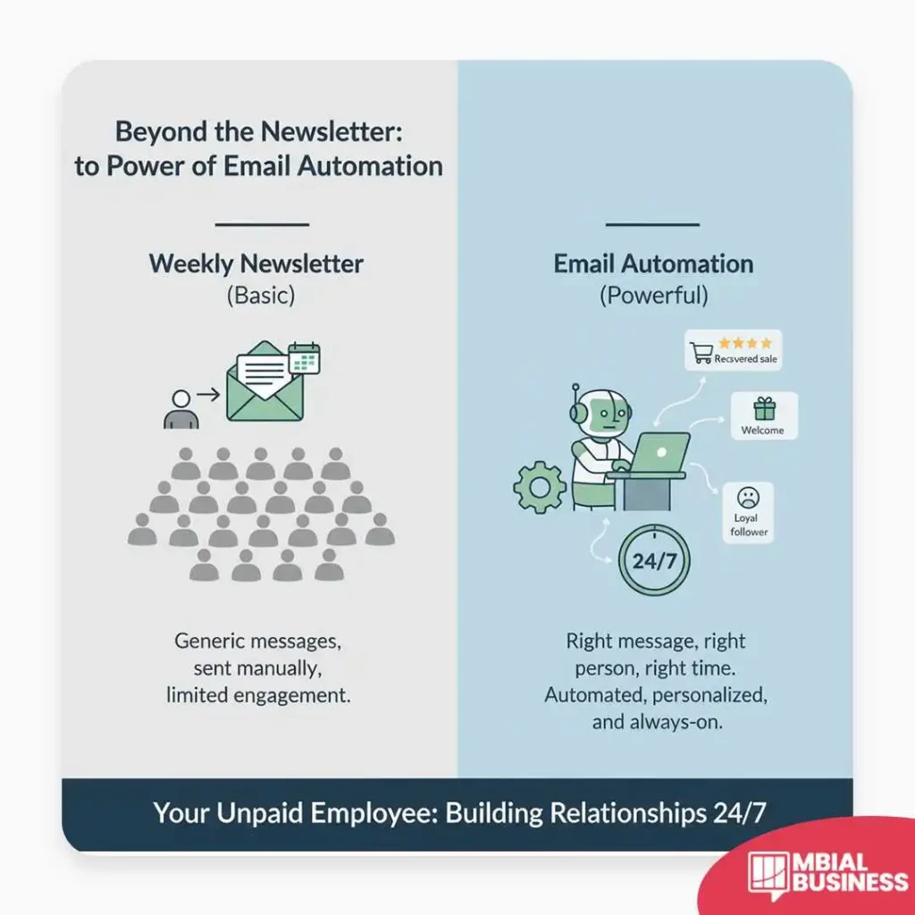 an infographic titled "beyond the newsletter: the power of email automation." the image is divided into two sections. the left side, on a gray background, is labeled "weekly newsletter (basic)" and shows a person sending a single email to a large, undifferentiated crowd of people. text below this illustrates the limitations: "generic messages, sent manually, limited engagement." the right side, on a light blue background, is labeled "email automation (powerful)" and shows a robot working on a laptop, with a clock icon displaying "24/7." various icons and text bubbles represent the benefits: a recovered sale (shopping cart with stars), a welcome message (gift box), and a loyal follower (happy face with heart). text below this explains the value: "right message, right person, right time. automated, personalized, and always-on." the bottom of the image has a banner that reads "your unpaid employee: building relationships 24/7," highlighting the efficiency and effectiveness of automation.
