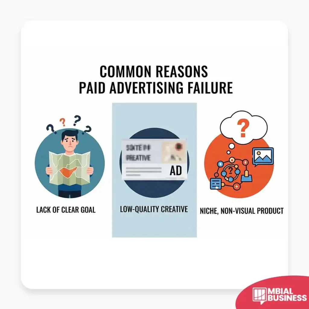 An infographic titled "Common Reasons Paid Advertising Failure" that shows three causes with corresponding icons. The first is "Lack of Clear Goal," represented by a confused man with a map. The second is "Low-Quality Creative," shown with a blurry ad icon. The third is "Niche, Non-Visual Product," depicted by a thought cloud with a question mark and data icons. A red "MBIAL BUSINESS" logo is in the bottom right corner.