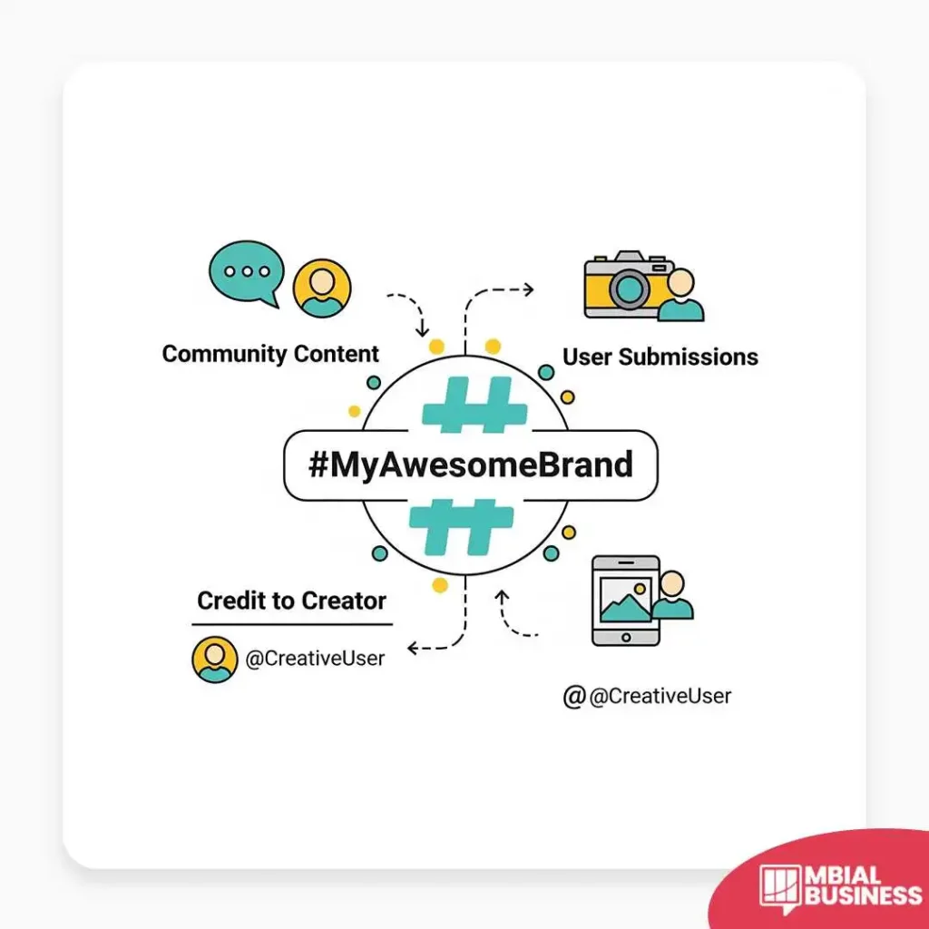 this is an infographic showing the flow of user-generated content for a brand. at the center is a hashtag symbol with the text "#myawesomebrand." arrows radiate from this central point. on the right, an icon of a person with a camera points to the hashtag, labeled "user submissions." below that, a person's profile on a phone screen points back to the hashtag, indicating that the content comes from a user handle like "@creativeuser." on the left, an icon of a person with a speech bubble is labeled "community content," pointing to the hashtag. below that, an icon of a person's profile is labeled "credit to creator" with the handle "@creativeuser," pointing away from the hashtag. dashed lines show the connection between the user's initial submission and the brand giving credit back to the creator, illustrating a cycle of community engagement and appreciation.