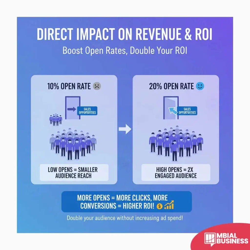 an infographic titled "direct impact on revenue & roi" with the subtitle "boost open rates, double your roi." the image contrasts two scenarios to illustrate the financial impact of email open rates. the left panel shows a crowd of people in front of a small door labeled "sales opportunities." the door is barely open, and a sad face icon is above the door. this represents a "10% open rate" resulting in low opens and a smaller audience reach. the right panel shows the same crowd in front of a wide-open door labeled "sales opportunities." a happy face icon is above the door. this represents a "20% open rate" resulting in high opens and a 2x engaged audience. an arrow connects the low-open scenario to the high-open scenario. a blue banner at the bottom summarizes the message: "more opens = more clicks, more conversions = higher roi! double your audience without increasing ad spend!