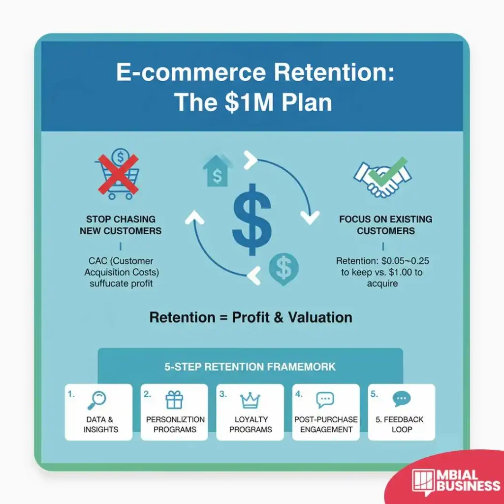 An infographic titled, "E-commerce Retention: The $1M Plan," presents a framework for shifting business focus from acquisition to customer retention, highlighting that Customer Acquisition Costs (CAC) "suffocate profit" while retention is significantly cheaper—"$0.05 - $0.25 to keep vs. $1.00 to acquire"—and leads to Profit & Valuation. The central graphic illustrates a circular flow of money representing the benefits of focusing on existing customers instead of constantly chasing new ones. Below this main concept is the 5-Step Retention Framework, which includes five key areas for implementation: 1. Data & Insights (represented by a magnifying glass), 2. Personalization Programs (represented by a gift box), 3. Loyalty Programs (represented by a crown), 4. Post-Purchase Engagement (represented by a speech bubble for feedback and communication), and 5. Feedback Loop (represented by a separate speech bubble), creating a continuous cycle of improvement based on customer data and relationships. The infographic is credited to MBIAL BUSINESS.