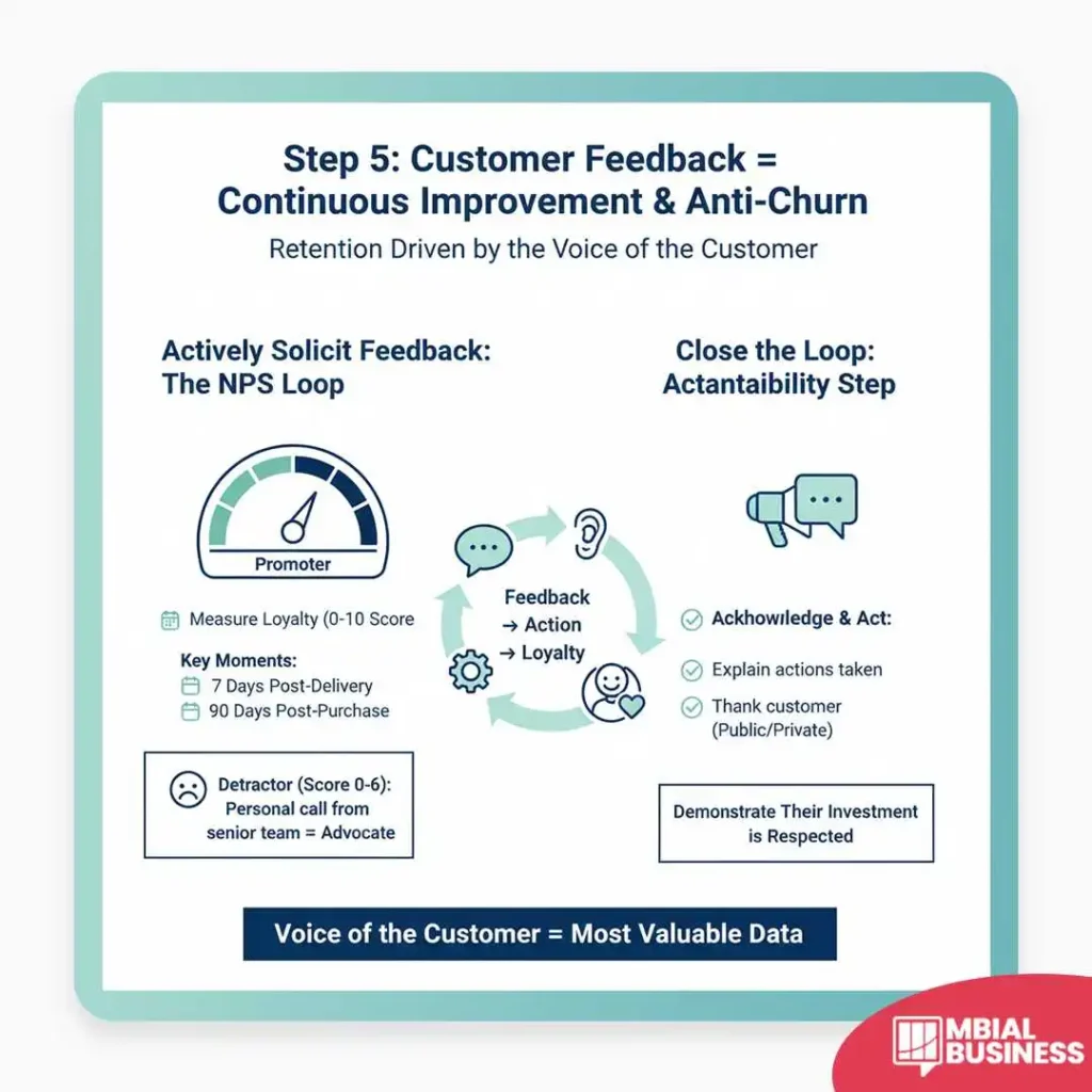 An infographic titled, "Step 5: Customer Feedback = Continuous Improvement & Anti-Churn," concludes the retention plan by stating that retention is Driven by the Voice of the Customer and that the Voice of the Customer = Most Valuable Data. The process involves two main parts in a cyclical diagram: Actively Solicit Feedback: The NPS Loop and Close the Loop: Accountability Step. The NPS loop measures customer loyalty with a 0-10 score at Key Moments, such as 7 days post-delivery and 90 days post-purchase. For Detractors (Score 0-6), the graphic suggests a personal call from a senior team member can turn them into an advocate. The flow of Feedback → Action → Loyalty then leads to the Close the Loop step, which requires the business to Acknowledge & Act by explaining the actions taken, thanking the customer (publicly or privately), and ultimately demonstrating that the customer's investment is respected.