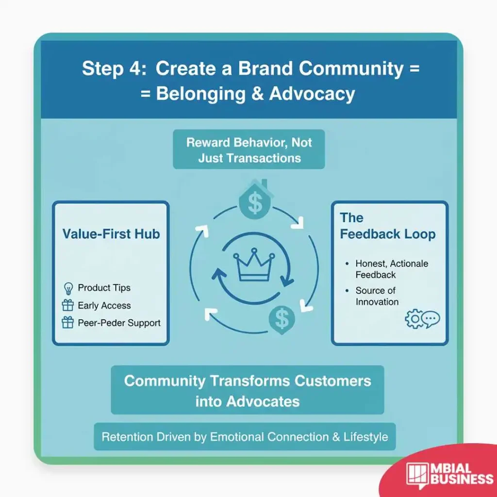 An infographic titled, "Step 4: Create a Brand Community = Belonging & Advocacy," explains how to foster an emotional connection with customers to drive retention by turning them into brand advocates, with the core message that Community Transforms Customers into Advocates and that Retention [is] Driven by Emotional Connection & Lifestyle. The plan emphasizes two main components, both of which Reward Behavior, Not Just Transactions. The Value-First Hub (represented by a lightbulb and gift box) is a place for customers to find product tips, receive early access to products, and engage in peer-to-peer support. The Feedback Loop (represented by a gear and speech bubble) highlights the importance of collecting Honest, Actionable Feedback from the community, positioning customers as a valuable Source of Innovation for the brand's future development.