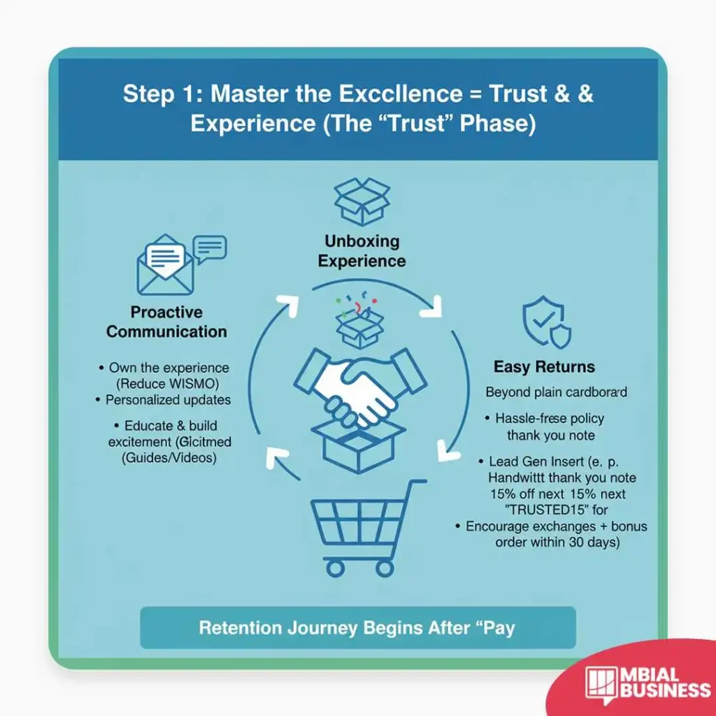 An infographic titled, "Step 1: Master the Excellence = Trust & Experience (The 'Trust' Phase)," outlines the initial post-purchase steps in the retention journey, emphasizing that this journey Begins After "Pay". The plan focuses on three key areas in a cycle around a shopping cart and a handshake. First, Proactive Communication involves owning the experience, reducing "where is my order" (WISMO) inquiries with personalized updates, and educating customers with guides and videos to build excitement. Second, the Unboxing Experience emphasizes going beyond plain cardboard for presentation and using a Lead Gen Insert (e.g., a handwritten-style note offering "15% off next purchase with 'trusted15'"). Third, Easy Returns stresses the importance of a hassle-free policy, and includes encouraging exchanges and a bonus offer for a new order within 30 days to retain the customer and the sale.