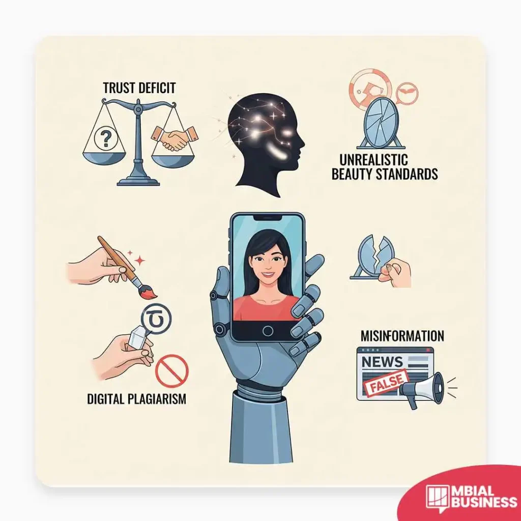 An infographic detailing the ethical challenges of AI, with a central image of a robot hand holding a smartphone with a person's picture on the screen. The challenges listed are "Trust Deficit" with a scale icon, "Unrealistic Beauty Standards" with a cracked mirror icon, "Digital Plagiarism" with a paintbrush and forbidden sign, and "Misinformation" with a newspaper icon labeled "FALSE." A red "MBIAL BUSINESS" logo is in the bottom right corner.