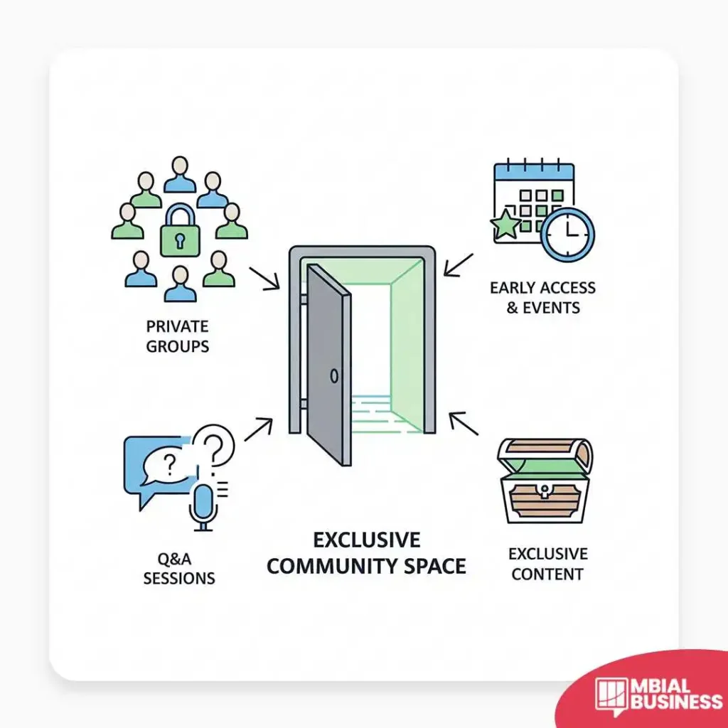an infographic illustrating the concept of an "exclusive community space." at the center is an open door, representing the access to this space. four different benefits are shown as icons surrounding the door, with arrows pointing inward to the central space. at the top left, an icon of a group of people with a padlock represents "private groups." below that, a speech bubble with a question mark and a microphone represents "q&a sessions." at the top right, a calendar and clock icon represent "early access & events." finally, at the bottom right, an open treasure chest represents "exclusive content." the image shows that the exclusive community space is a hub that provides these four different types of benefits to its members.