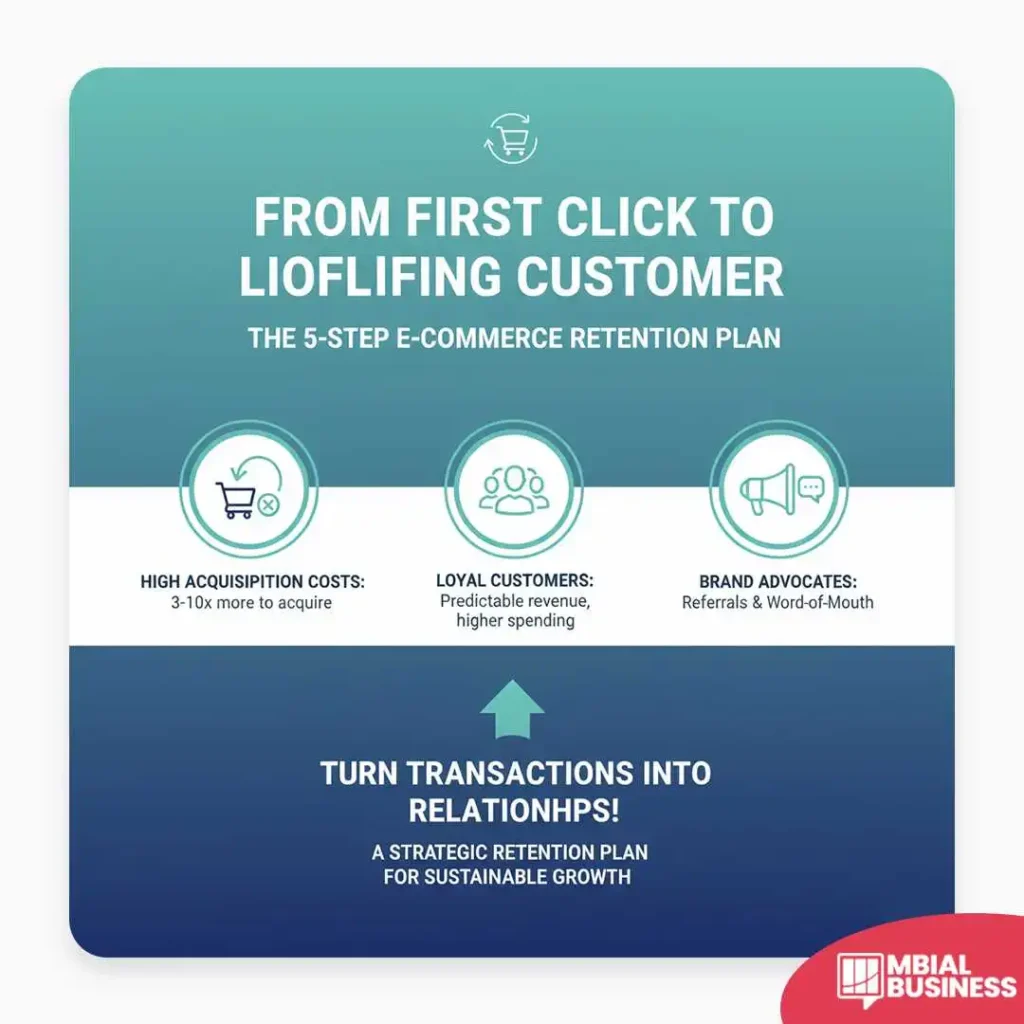 an infographic with a blue-to-green gradient background. the main title at the top reads "from first click to loyal customer," with the subtitle "the 5-step e-commerce retention plan." three circular icons are arranged horizontally in the middle. the first icon shows a shopping cart with an "x" and is labeled "high acquisition costs: 3-10x more to acquire." the second icon shows a group of people with a heart and is labeled "loyal customers: predictable revenue, higher spending." the third icon is a megaphone and is labeled "brand advocates: referrals & word-of-mouth." a large blue arrow points up from the bottom of the image, where a dark blue section is labeled "turn transactions into relationships!" with the subtitle "a strategic retention plan for sustainable growth."