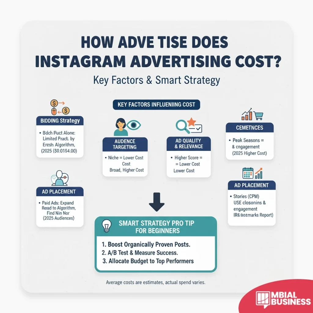 an infographic titled "how advertise does instagram advertising cost?" with the subtitle "key factors & smart strategy." the image lists several key factors influencing cost and provides a smart strategy tip for beginners. the key factors are arranged in a circular flow and include: bidding strategy, audience targeting (niche = lower cost, broad = higher cost), ad quality & relevance (higher score = lower cost), placements (peak seasons = higher cost), and ad placement (paid ads: expand reach to algorithm, find new audiences). at the bottom, there is a "smart strategy pro tip for beginners," which recommends three actions: 1. boost organically proven posts, 2. a/b test & measure success, and 3. allocate budget to top performers. the graphic notes that "average costs are estimates, actual spend varies."