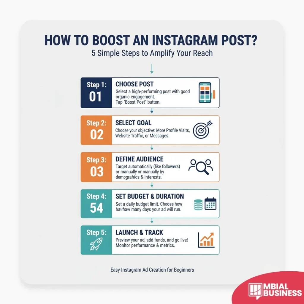 an infographic titled "how to boost an instagram post? 5 simple steps to amplify your reach." it outlines a five-step process for beginners to quickly turn an organic post into a paid ad. step 1: choose post involves selecting a high-performing organic post and tapping the "boost post" button. step 2: select goal requires choosing an objective like more profile visits, website traffic, or messages. step 3: define audience is about targeting automatically or manually by demographics and interests. step 4: set budget & duration involves setting a daily budget limit and choosing how many days the ad will run. finally, step 5: launch & track is the step to preview the ad, add funds, go live, and monitor performance and metrics. the process is presented vertically with numbered boxes, arrows, and descriptive icons for each step. the graphic concludes with the text: "easy instagram ad creation for beginners."