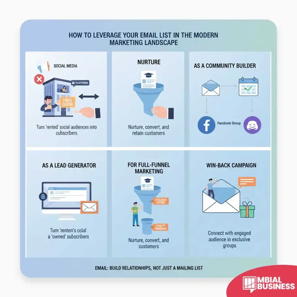 an infographic titled "how to leverage your email list in the modern marketing landscape." the image is divided into six sections, showing different uses for an email list. the top-left section shows a building with a "platform" sign and a person with an "x," and is labeled "turn 'rented' social audiences into subscribers." the top-middle section shows a funnel with a "free guide" and is labeled "nurture, convert, and retain customers." the top-right section shows a calendar and a facebook group icon, labeled "as a community builder." the bottom-left section shows a laptop with a lock and an envelope icon and is labeled "as a lead generator." the bottom-middle section shows a person with a funnel and "exclusive offers" and "loyalty programs," and is labeled "for full-funnel marketing." the bottom-right section shows an open envelope with a gift and is labeled "win-back campaign," with a description to "connect with engaged audience in exclusive groups." the bottom of the infographic has a banner that reads "email: build relationships, not just a mailing list."