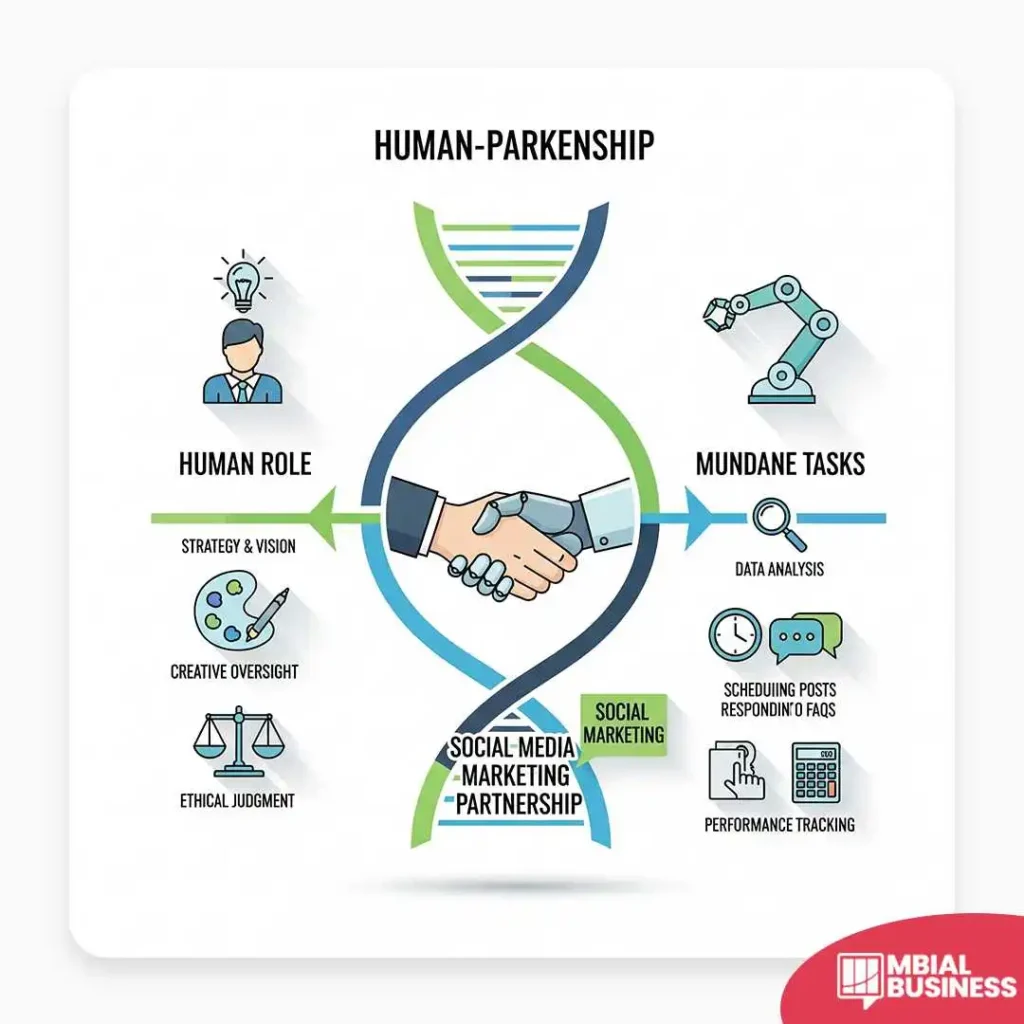 An infographic titled "Human-Parkenship" (a typo for Human-Partnership) which is subtitled "Social Media Marketing Partnership." A central icon shows a human hand and a robot hand shaking within a DNA helix-like structure. The left side, "HUMAN ROLE," lists strategy, creative oversight, and ethical judgment. The right side, "MUNDANE TASKS," lists data analysis, scheduling posts, and performance tracking. A red "MBIAL BUSINESS" logo is in the bottom right corner.