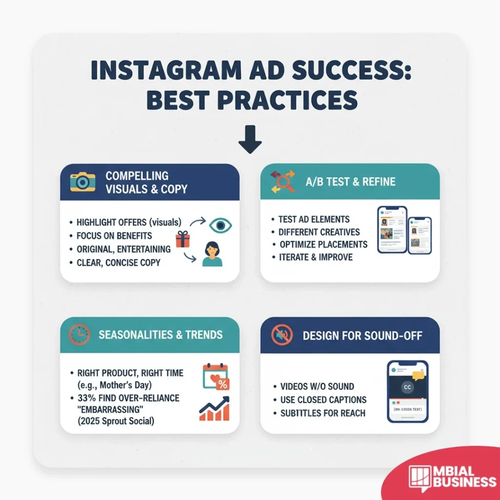 an infographic titled "instagram ad success: best practices," divided into four key areas for high-performing ads. the top-left section, labeled "compelling visuals & copy," highlights the need to highlight offers, focus on benefits, create original/entertaining content, and use clear, concise copy. the top-right section, labeled "a/b test & refine," emphasizes testing ad elements, different creatives, optimizing placements, and iterating to improve results. the bottom-left section, labeled "seasonalities & trends," advises using the right product at the right time (e.g., mother's day) and notes that 33% of people find over-reliance on trends "embarrassing" (2025 sprout social data). the bottom-right section, labeled "design for sound-off," recommends using videos without sound, closed captions, and subtitles for maximum reach, showing a mobile phone screen with cc (closed caption) text. a downward arrow connects the main title to the four practice areas.