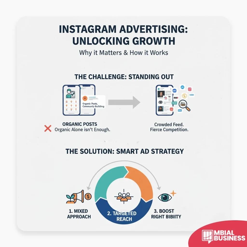 an infographic titled "instagram advertising: unlocking growth," with the subtitle "why it matters & how it works." the top section, labeled "the challenge: standing out," contrasts organic content with paid advertising. the left side shows a mobile phone screen with organic content and a red 'x' and the text "organic alone isn't enough." an arrow points to the right side, which shows a crowded phone feed and the text "crowded feed. fierce competition." the bottom section, labeled "the solution: smart ad strategy," features a circular, three-step process: 1. mixed approach (with a speaker/megaphone icon), 2. targeted reach (with a group of people icon), and 3. boost right visibility (with an eye icon). the overall image emphasizes the difficulty of organic reach and the necessity of a smart, mixed ad strategy for growth.