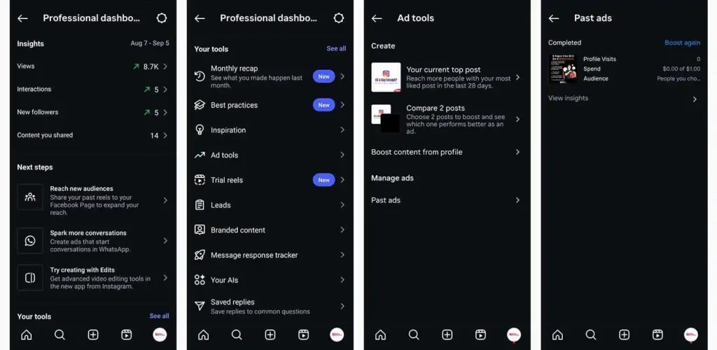 A series of four screenshots from the Instagram app's professional dashboard in dark mode. The screenshots show the user navigating through the menus: first, the main dashboard with an overview of insights; second, the tools menu showing "Ad tools"; third, the "Ad tools" screen with options to create and manage ads; and fourth, a list of past ads with one marked as "Completed" showing its performance.
