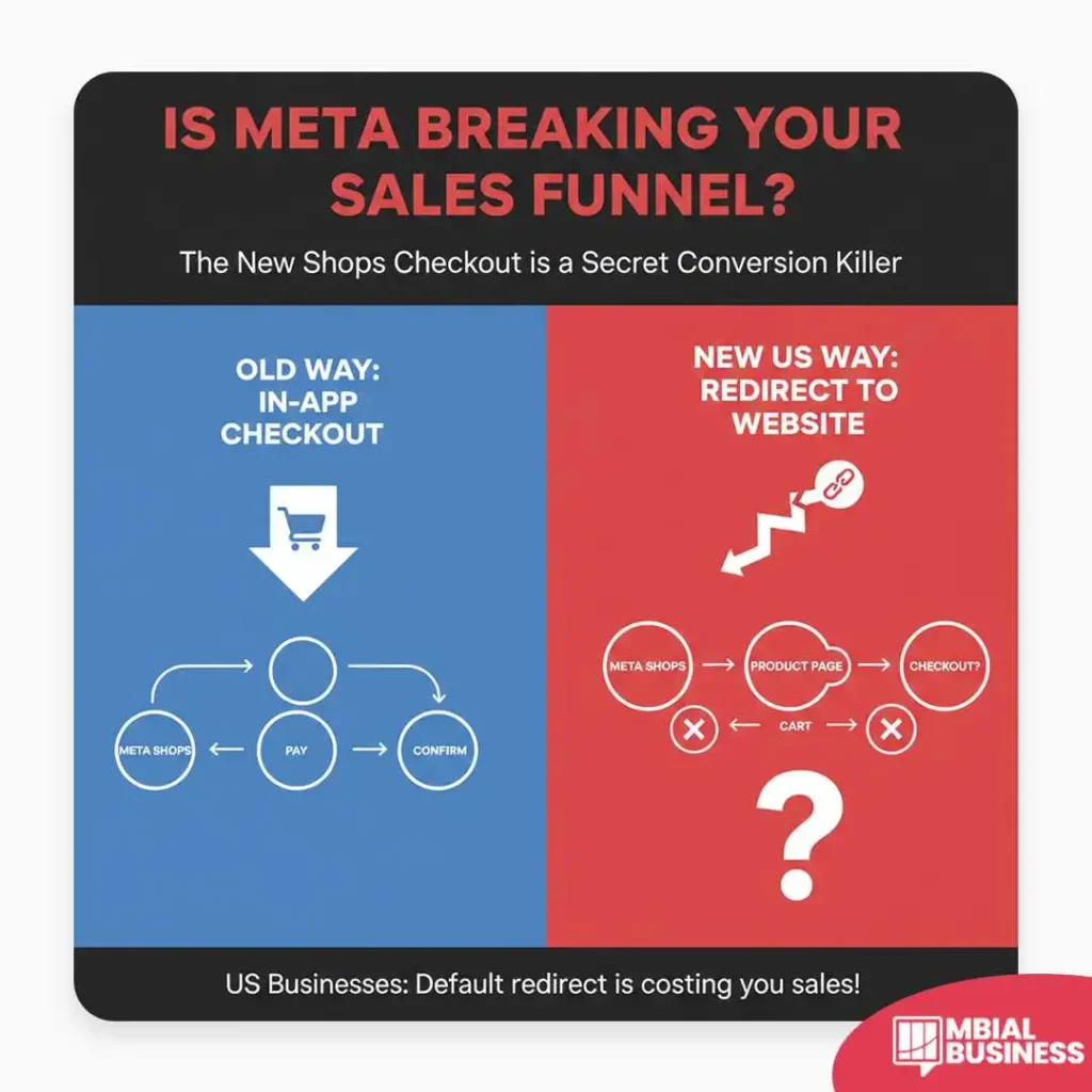 an infographic titled "is meta breaking your sales funnel?" with the subtitle "the new shops checkout is a secret conversion killer." the image is divided into two sections comparing the old and new checkout processes. the left side, on a blue background, is labeled "old way: in-app checkout." it shows a simple, linear flow starting with a shopping cart icon that leads to a "pay" and then "confirm" step, all within the app. the right side, on a red background, is labeled "new us way: redirect to website." it shows a more complex and broken funnel with steps including "meta shops," "product page," and "checkout," with large red "x" icons indicating points of failure at "cart" and before "checkout." a large question mark at the bottom of the red section highlights the confusion and issues. the bottom of the image has a note stating "us businesses: default redirect is costing you sales!"