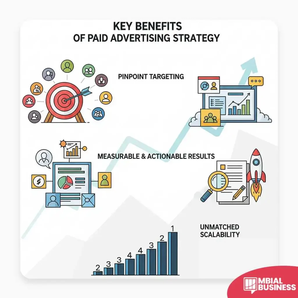 An infographic titled "Key Benefits of Paid Advertising Strategy." It features a light blue, upward-trending graph in the background and four key benefits: a target and user icons for "Pinpoint Targeting," a computer screen with graphs for "Measurable & Actionable Results," and a rocket launching for "Unmatched Scalability." There's also a bar graph showing an increase in a separate section. A red "MBIAL BUSINESS" logo is in the bottom right corner.