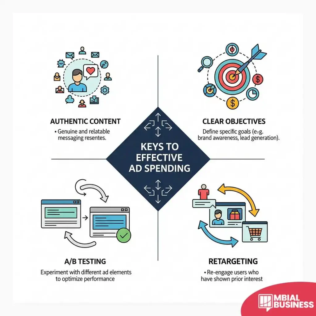 An infographic titled "Keys to Effective Ad Spending." It is divided into four sections: "Authentic Content," "Clear Objectives," "A/B Testing," and "Retargeting," each with a corresponding icon and a short description. The sections are arranged around a central diamond shape. A red "MBIAL BUSINESS" logo is in the bottom right corner.